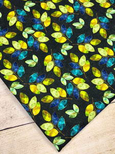 Stained Glass Leaves multi Blue Green Bamboo Spandex