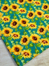 Load image into Gallery viewer, Turquoise Sunflowers Cotton Spandex