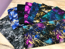 Load image into Gallery viewer, Black, Gold, Teal and Fuchsia Marble Galaxy Bamboo Spandex