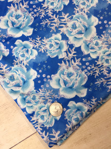 Fairytale Blue Roses Faux Glitter Polyester Interlock